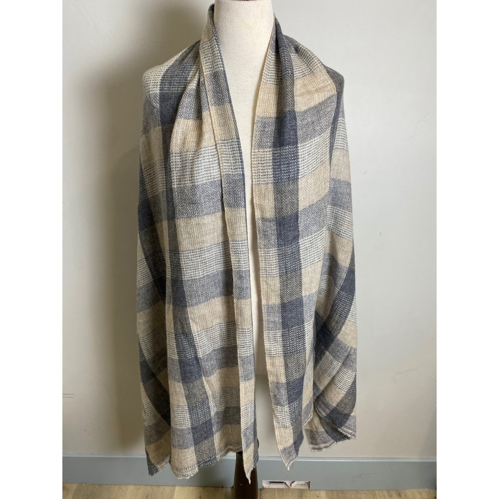 100% Cashmere Plaid Shawl Wrap Grey Beige Herringbone Weave Scarf